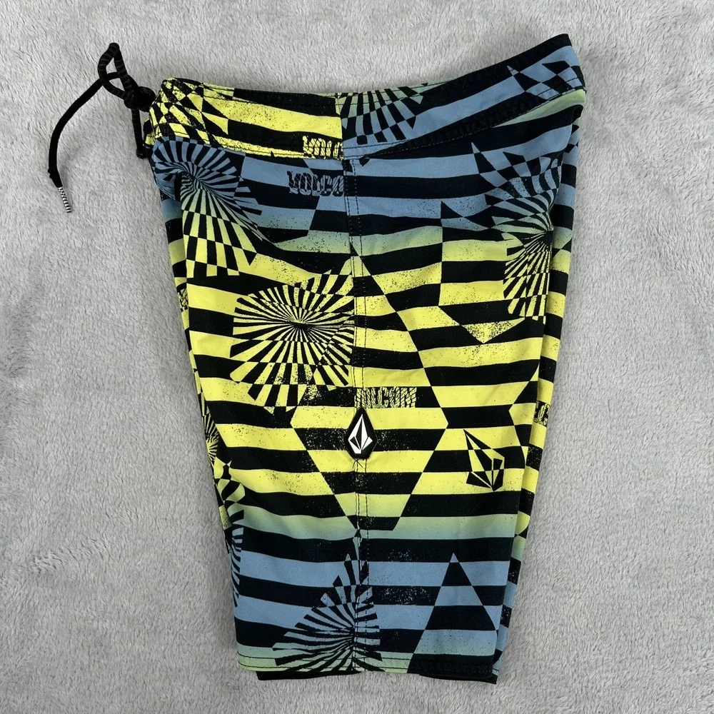 Volcom Mod-Tech Board Shorts 27 Yellow Blue Geometric Surf Swim Trunks Womens
